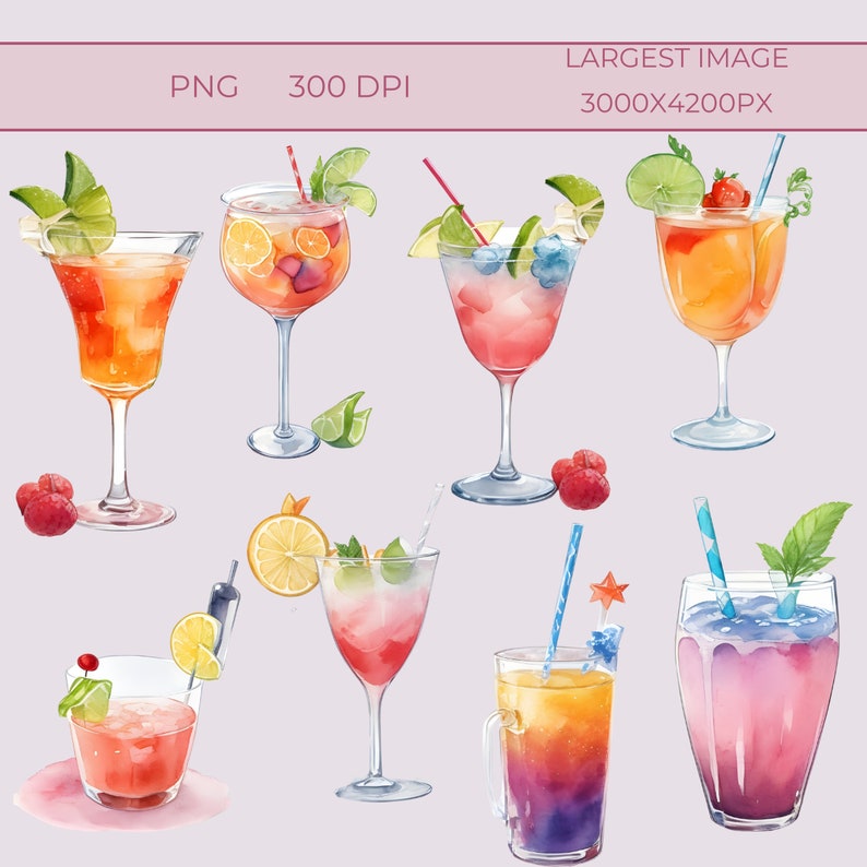 Colorful Summer Drinks Clip Art, Watercolor Cocktails, Instant Download ...