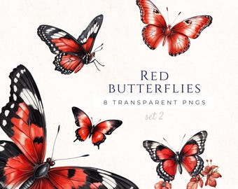 Gold Red Butterflies Digital Clip Art - Commercial Use - Instant