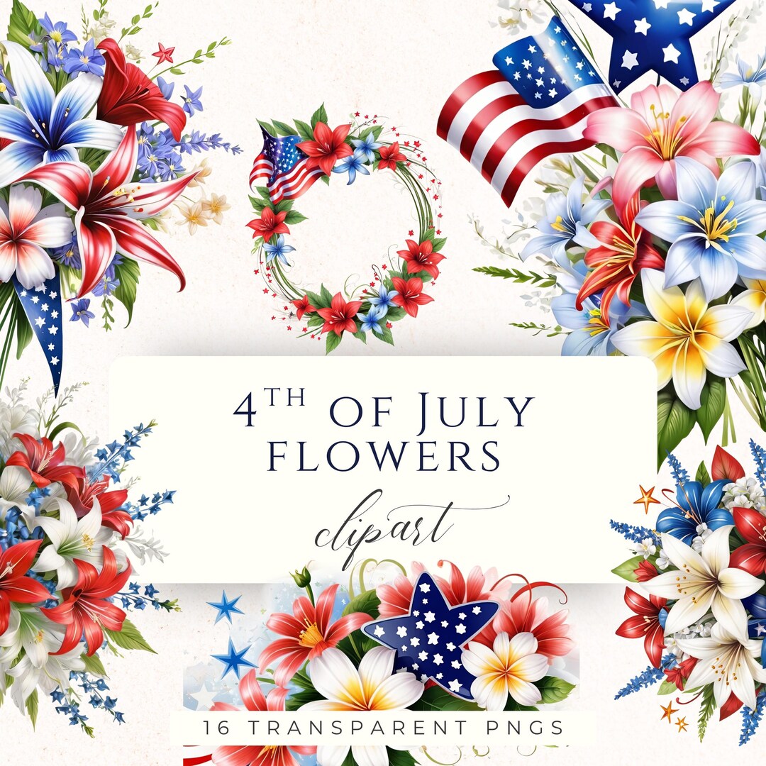 Red White and Blue Patriotic Flower Clipart PNG, 4th of July Floral ...