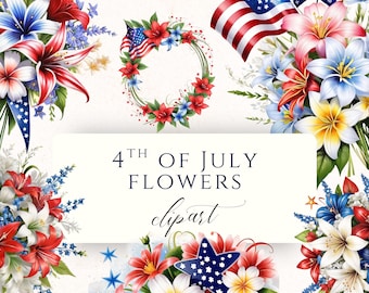 Red White and Blue Patriotic Flower Clipart PNG, 4th of July Floral Graphics for Scrapbooking and Cardmaking
