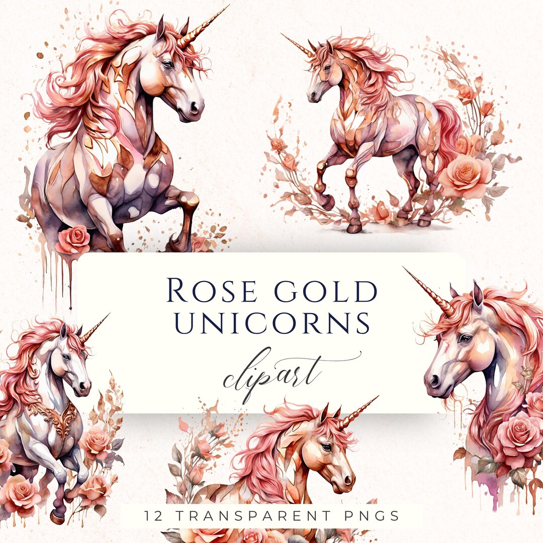Rose Gold Unicorn Clipart Set PNG, Fairytale Fantasy Graphics for ...