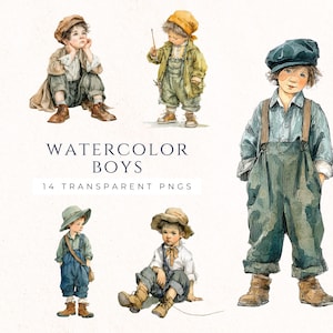 Retro Watercolor Boys Clipart, Vintage Children, Illustrated Boys, Scrapbook Graphic, Paper Crafting, Junk Journaling, Instant Download PNG