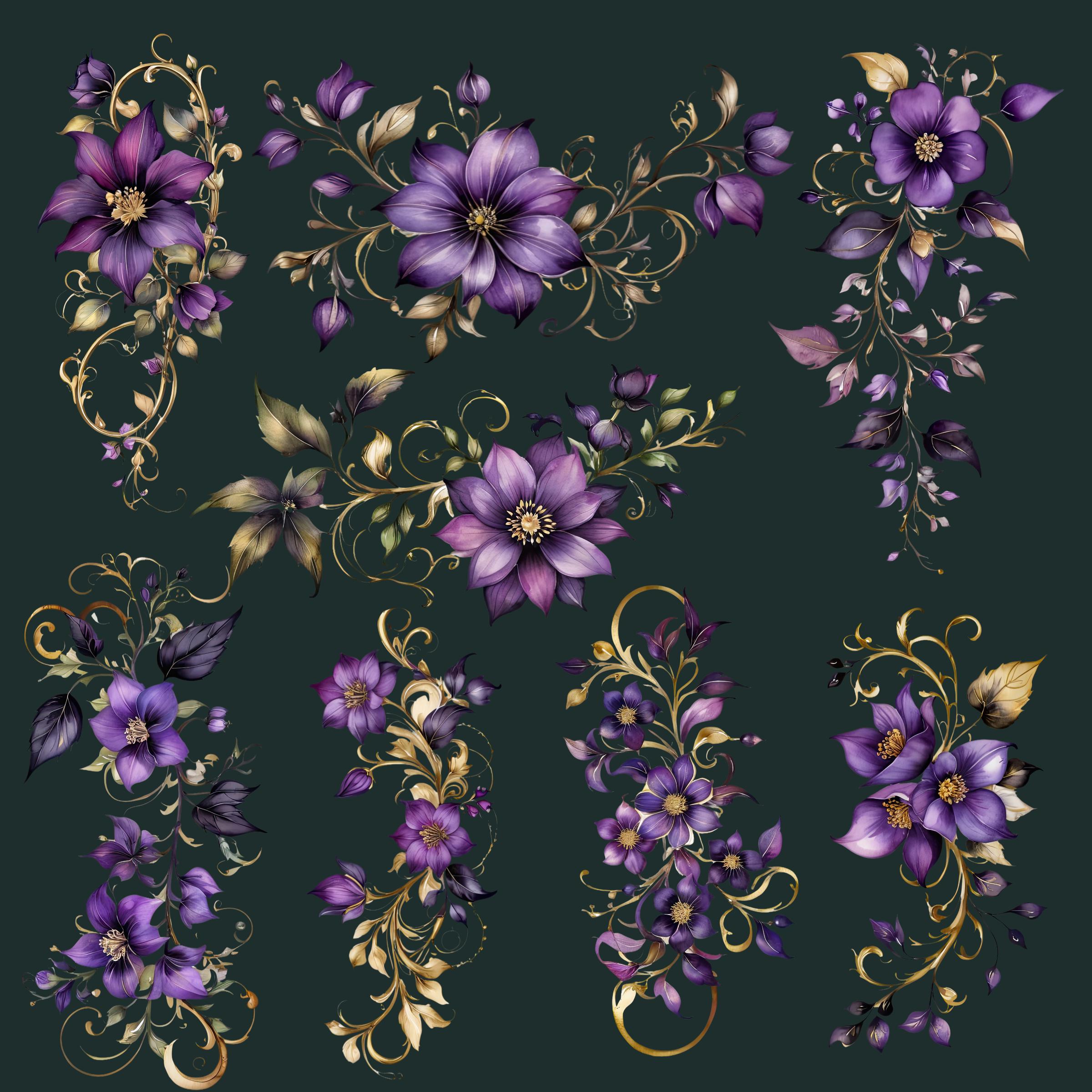 Gothic Flower Vine Clipart Set, Purple & Gold Floral Images, Scrapbook ...