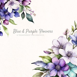 Watercolor Flower Clipart, Blue Purple Floral PNG, Garden Decor Digital