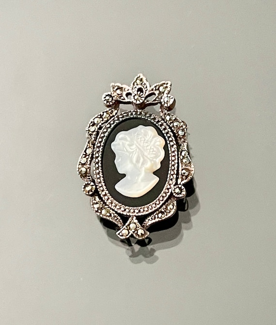 Antique Mother of Pearl black onyx marcasite & 92… - image 1