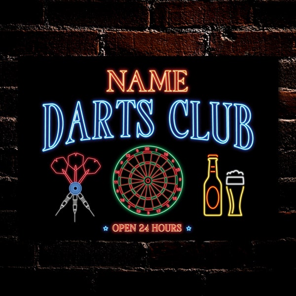 PERSONALISED Darts Club Metal Plaque Home Bar Pub Shed Neon Effect Signs Decor