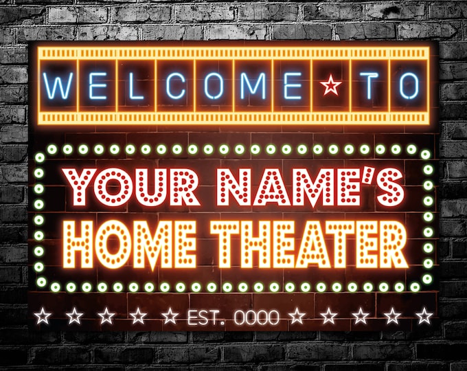 Personalised Home Theater Cinema Room Neon Effect Sign Wall Decor Your Name Metal Plaque