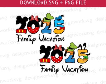 Familievakantie 2025 Svg, muis en vrienden Svg, Vacay Mode Svg, familie-uitstapje Svg, digitale prints, afdrukbare bestanden
