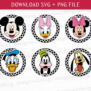 May include: Six round black and white checkered circles with cartoon character faces inside. Mickey Mouse, Donald Duck, Minnie Mouse, Goofy, and Pluto are featured.