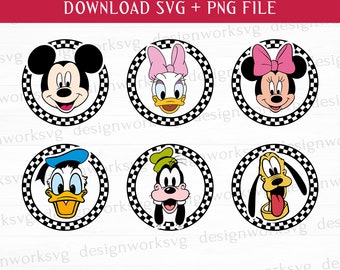 Geruite muis en vrienden SVG, familievakantie Svg, Retro vrienden Svg, muis, hoofd Svg, prinses, afdrukbare bestanden, Png voor sublimatie