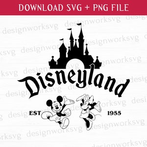 May include: Black and white illustration of Disneyland's Sleeping Beauty Castle with Mickey Mouse and Minnie Mouse in front. The text "Disneyland" is in a stylized font with "EST 1955" below.
