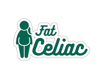 May include: A sticker featuring a green silhouette of a person and the words "Fat Celiac" in a green, stylized font. The sticker has a white background.