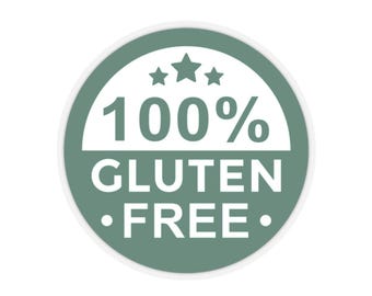 以下が含まれることがあります： 白地に緑色の縁取りのある白い円。円の中に「100% Gluten Free」という白い文字と、その上に3つの白い星が書かれている。