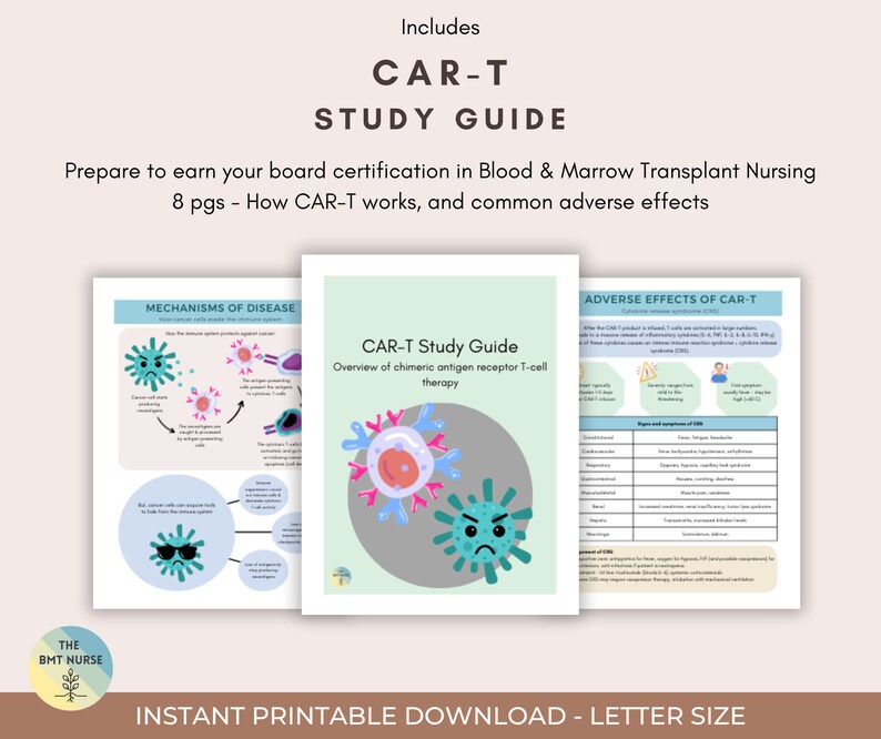 May include: A printable study guide for CAR-T therapy, a type of immunotherapy used to treat cancer. The guide includes information on the mechanisms of disease, how CAR-T works, and common adverse effects. The guide features colorful illustrations of cells and a table with information on cytokine release syndrome.