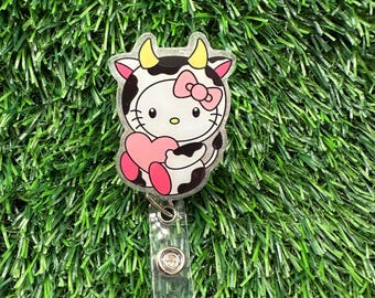 Cow Kitty Badge Reel, Glittered Acrylic Resin, Cute ID Holder