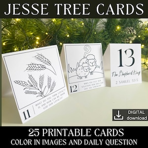 Cartes bibliques de l'Avent | Calendrier de l'Avent de la Nativité | Jesse Décorations pour arbres | Noël à l'église | crèche imprimable | Cartes bibliques