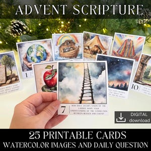 May include: A set of 25 printable Advent Scripture cards featuring watercolor illustrations and daily reflection questions. The cards include images of a ladder, a tent, a rainbow, a cloak, a globe, a burning bush, and a tower. The text on the cards includes the numbers 1, 7, 9, and 10.