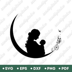 母と月 SVG、ママと赤ちゃん SVG、母と子のシルエット、ママライフ SVG、ママ SVG、母の日のクリップアート、Cricut 用カットファイル、EPS