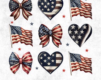 Coquette American Flag Bow PNG Sublimation Design for 4th of July, Patriotic USA Bow PNG, Retro Independence Day Clipart