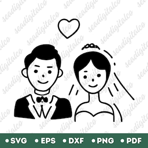 気まぐれなウェディング SVG クリップアート | 招待状用の手描きの花嫁花婿アイコンと落書き | ウェディング シャツ | Cricut 用の SVG ファイル