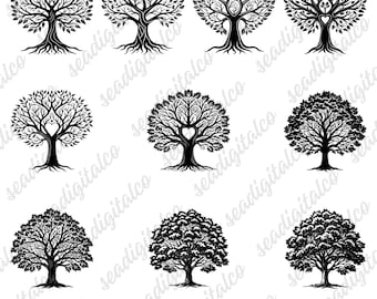 Tree Silhouette Svg Bundle, Tree Of Life Svg, Heart Tree Dxf, Family Tree Svg, Tree Clipart, Tree Laser Svg, Files for Cricut, Laser Vector