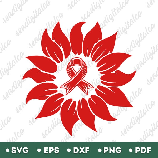 Hiv Awareness Sunflower Svg, Hiv Awareness Svg, Red Ribbon Svg, Aids Awareness Clip Art, Aids HIV Png, Cut File Cricut, Silhouette Cut Files