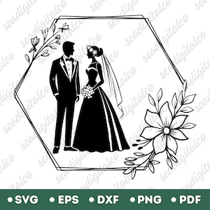 Clipart mariée et le marié, mariage Svg, mariage Couple Svg, Silhouette Couple, fichiers Svg mariage pour Cricut, Illustration vectorielle, PNG & DXF