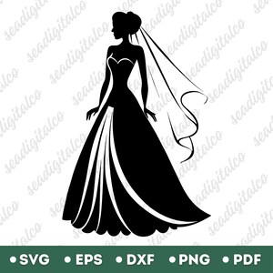 Noiva de casamento SVG, Silhueta de noiva, ClipArt de noiva, Arquivos de corte SVG de design de casamento para Cricut, Design de silhueta, Design de silhueta, PNG e DXF