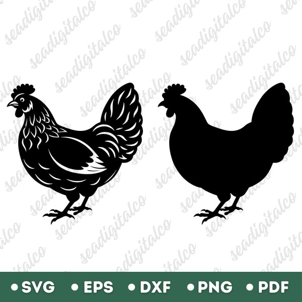 Chicken Silhouette, Chicken Svg, Hen Svg, Chicken Clipart, Chicken DXF, Farmhouse Svg, Svg Files for Cricut, Vector Illustration, PNG & EPS