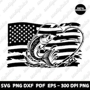 USA Fishing Flag SVG  | American Flag Fishing Cut Files | Patriotic Bass Fish Silhouette Designs for Cricut & Laser Cut Files