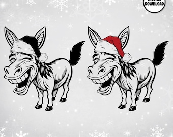 Christmas Donkey SVG | Donkey with Santa Hat & Merry Christmas PNG | Funny Farm Animal Holiday Cut Files for Cricut  | Vector Laser Cutting