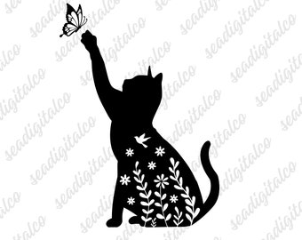 Gato com borboleta SVG, Gato floral svg, Gatinho floral svg, Silhueta de gato, Amante de gatos svg, Desenho de gato sentado, Cricut svg, Arquivos de corte a laser