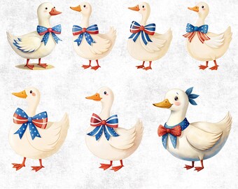 American Goose PNG with Red White Coquette Bow Clipart Bundle, Cute Goose Illustration with Independence Day Png for Sublimation