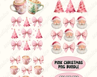 Cute Pink Christmas Png Bundle, Coquette Bow Christmas Png, Pink Santa Claus Png, Watercolor Clipart, Winter Clipart, Holiday Sublimation