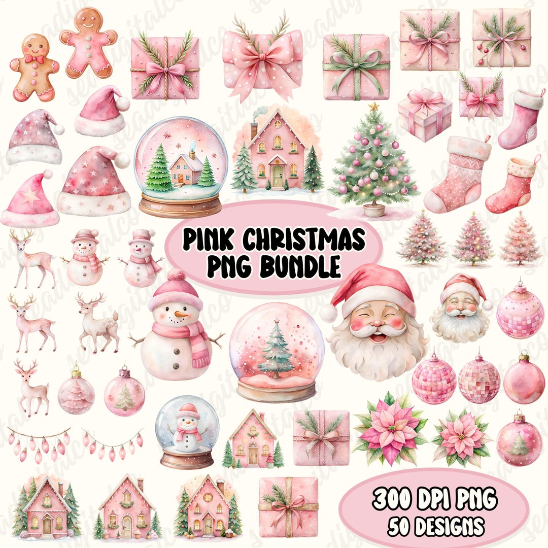 Watercolor Pink Christmas Clipart Bundle, 50 Boho Christmas PNG Design ...