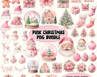 Watercolor Pink Christmas Clipart Bundle, 50 Boho Christmas PNG Design, Pink Santa, Snowman, Christmas Tree & Ornaments, Holiday Sublimation