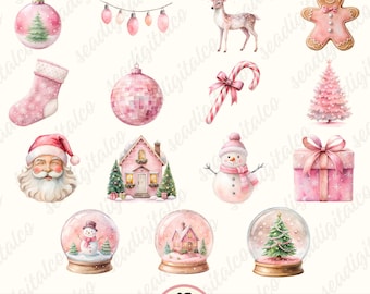 Pink Christmas Clipart Bundle | Pink Santa, Pink Snowman, Christmas House & More | Vintage Watercolor Sublimation PNG Digital Download