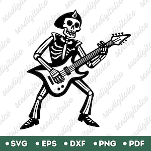 Guitarist Skeleton SVG, Playing Electric Guitar Clipart, Punk Rock Skull Music PNG, Music Lover Gift, Cricut & Silhouette, Laser Cut File