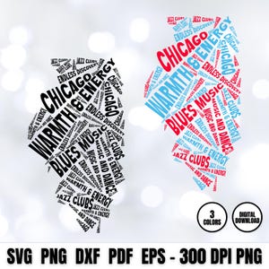 Chicago, Illinois (Svg), Palabra de Chicago, Mapa tipográfico de la ciudad, Tipografía del estado, Camiseta con mapa de la ciudad, Arte con palabras de viaje, Diseños Cricut (Svg)