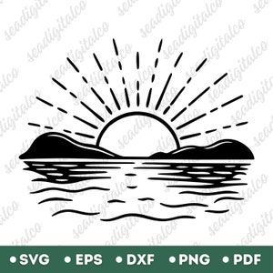Sunrise SVG, Sun Svg for Cricut, Sunset Silhouette, Ocean and Sun Svg, Nature Scene Svg, Landscape Svg, Line Drawing, Vector Art, PNG & DXF