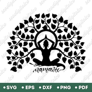 May include: Black and white silhouette of a person meditating in a yoga pose inside a tree with leaves. The word "namaste" is written below the person.