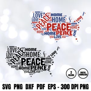 Op de afbeelding: Een digitale download van een ontwerp van een kaart van de Verenigde Staten met de woorden "Peace", "Home", "Love", "Faith" en "USA" die in een woordwolkpatroon worden herhaald. De kaart is in de kleuren rood, wit en blauw.