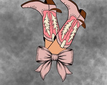 Pink Cowboy Boots with Bow SVG for Women Rustic Style, Cute Cowgirl Boot Clipart for Cricut Projects, Coquette Cowgirl T-Shirt Design PNG