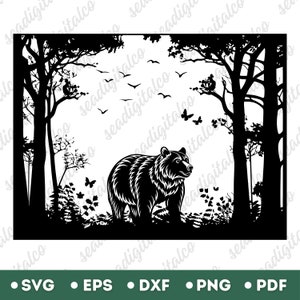Bear SVG File, Bear in The Woods, Woodland Svg, Bear Silhouette, Black Bear Svg, Grizzly Bear Svg, Files for Cricut, Vector Illustration