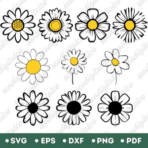 デイジー SVG バンドル、デイジー クリップアート、手描きデイジー、花 SVG、花柄 SVG、アウトライン デザイン、Cricut 用カット ファイル、レーザー カット ファイル、PNG および DXF