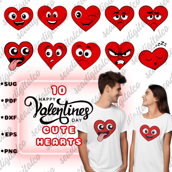 Cute Kawaii Red Heart SVG Bundle, Cute Cartoon Hearts Svg, Kawaii Valentine Png, Couple Svg for Shirts, Svg Vector, Instant Download, EPS