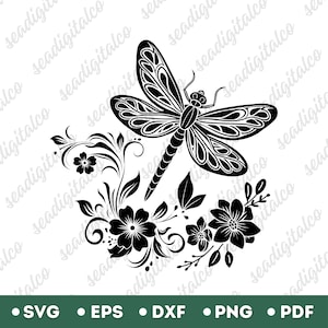 Dragonfly with Flowers Svg, Dragonfly Svg, Dragonfly Svg Cut Files for Cricut, Vector Illustration, Instant Digital Download, PNG & DXF
