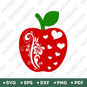 Floral Apple SVG, Apple Heart Svg, Apple Clipart, School Teacher Svg, Teacher Shirt Svg, Laser Cut Files, Silhouette, Cutting File, DXF PNG