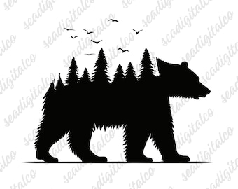 Bear with Trees Svg, Forest Svg, Bear Wildlife Svg, Bear Silhouette SVG, Bear in The Woods, Black Bear Svg, Vector Cut Files for Cricut, EPS