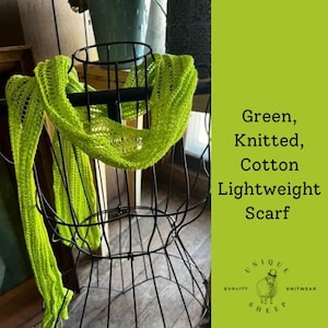 Hand-Knitted Spring Green Scarf | Lightweight Washable Knit | 76” Long Scarf for Cool Spring Evenings | Non itchy Knitted Scarf | Bright